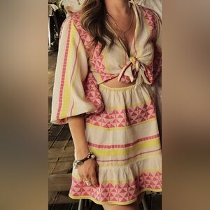 Pearl & Caviar Front-Tie Mini Dress in Cream, Pink & Yellow